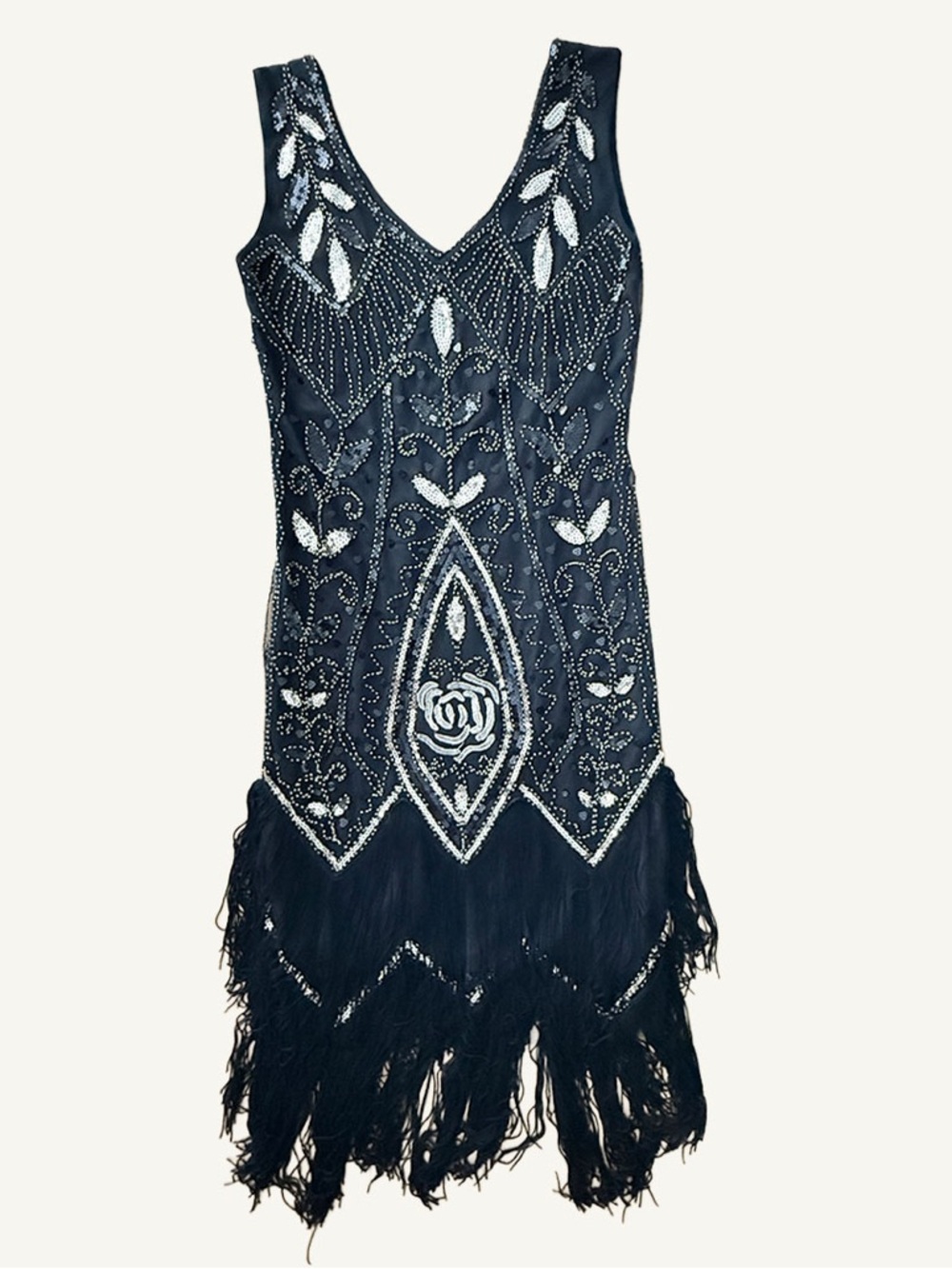 Great Gatsby Flapper Dress Black Beaded Fringe Art Deco Cocktail XS - Picture 12 of 13